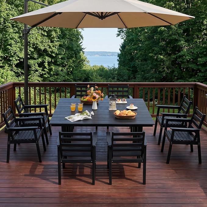 10-Piece Outdoor Dining Set, All-Weather HDPE Patio Furniture, Two 66.5" Slatted Table with 1.6" Umbrella Hole & 8 Ergonomic Armchairs, Heavy Duty 350lbs Capacity, UV Resistant, Black