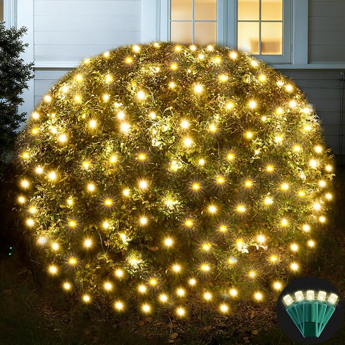 Led Net Lights Christmas Lights Outdoor 200Led 9 ftx 6ft Upgraded WarmWhite Christmas Net Lighting, Waterproof 5mm LED Wide Angle Outdoor Indoor Mesh Net Light for Trees, Bushes, Shrubs Decorations