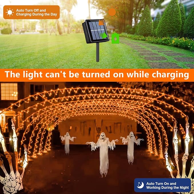 QITONG Orange Solar Halloween Lights, 66ft 200 LED Solar Rope Lights Outdoor, Fairy Lights in Clear Thin Tube with 8 Modes for Thanksgiving Fall Decor