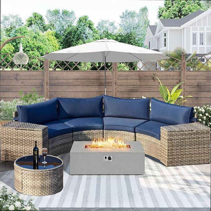 ECOTOUGE 8-Piece Half-Moon Curved Patio Furniture Set with Fire Pit Table, Wicker Rattan Sectional Sofa with Thick Cushions, Outdoor Conversation Set for Backyard Garden No Tank Cover(Blue, Grey)