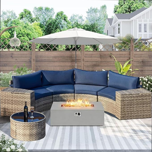 ECOTOUGE 8-Piece Half-Moon Curved Patio Furniture Set with Fire Pit Table, Wicker Rattan Sectional Sofa with Thick Cushions, Outdoor Conversation Set for Backyard Garden No Tank Cover(Blue, Grey)