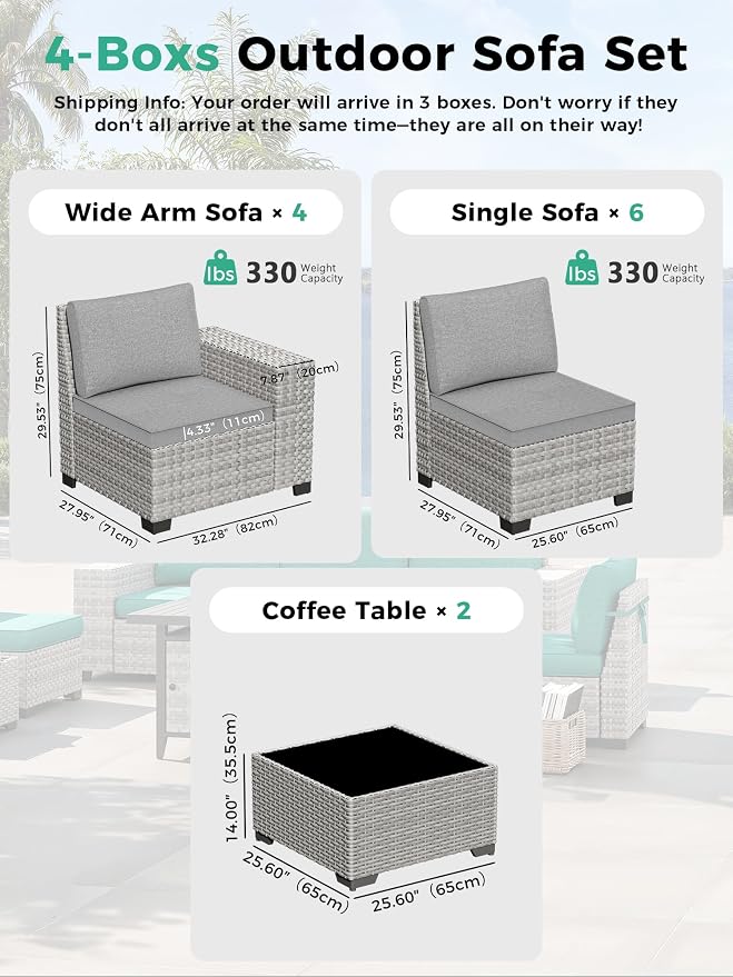 12 Piece Outdoor Wicker Sectional Sofa Set, 10-Seats Patio Furniture Conversation Set with 4" Thickened Cushions & Coffee Table, All-Weather PE Rattan for Garden, Backyard, Porch, Gray