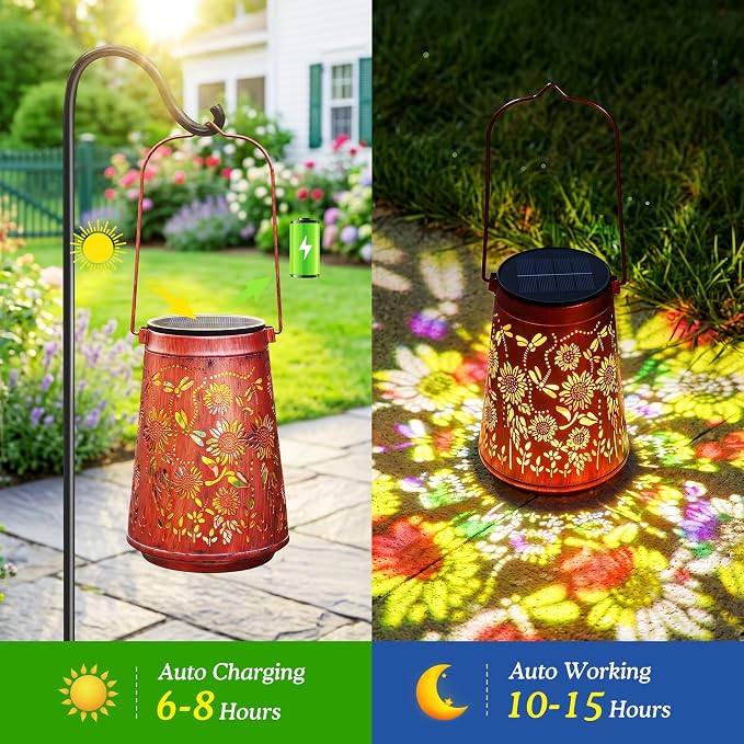 2 Pack Sunflower Solar Lanterns Outdoor Solar Lights | Sunflowers & Dragonfly, Waterproof Metal Hanging Lights for Patio, Pathway & Yard, Garden Decor Gifts for Women Mom & Grandma