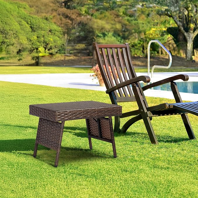 VINGLI Outdoor Folding Rattan Side Table, Portable Wicker End Table for Patio, Garden, Poolside, and Indoor Use, Mix Mocha