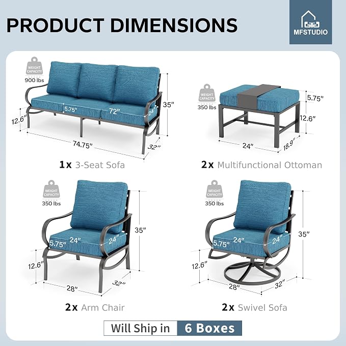 MFSTUDIO 7 Pieces Metal Patio Furniture Sets, 2 Swivel Chairs, 3-Seat Deep Seating Sofa, 2 Single Couch and 2 Ottoman, All Weather 9 Seats Outdoor Conversation Set for Garden Backyard, Peacock Blue