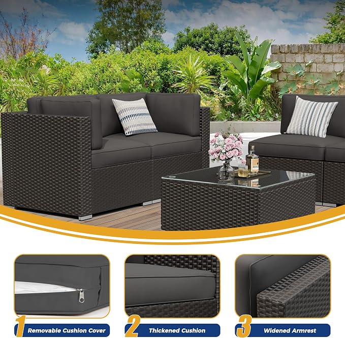 Incbruce 7-Piece Patio Furniture Set, All-Weather Conversation Set, PE Wicker Rattan Outdoor Sectional Couch with Glasstop Table and Removable Cushions (Grey)