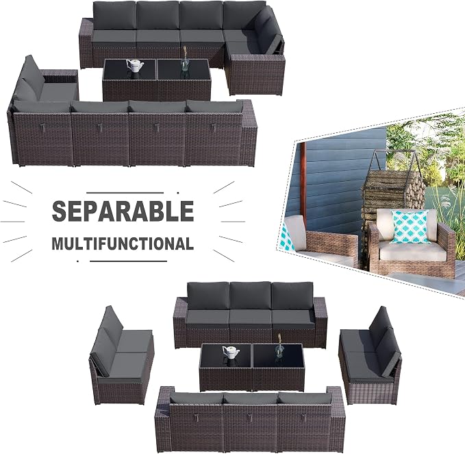 Kullavik Outdoor Patio Furniture Set,12 Pieces Sectional Rattan Sofa Set Brown PE Rattan Wicker Patio Conversation Set with 10 Seat Cushions and 2 Tempered Glass Coffee Table,Grey