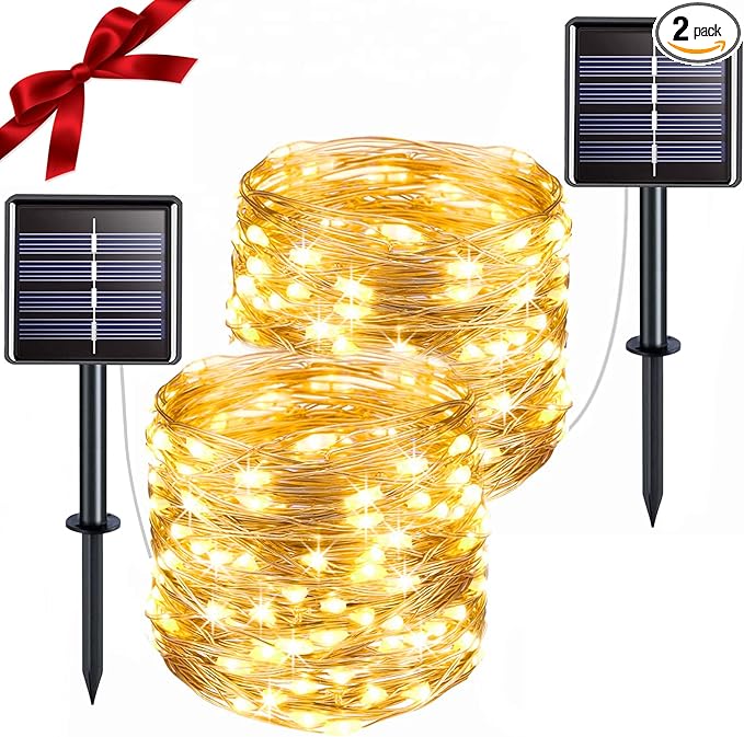 Solar Fairy Lights Outdoor, 2 Pack Twinkle Lights Warm White | Total 66ft 200led solar lights with 8 Lighting Modes. Copper Wire string Lights for garden, yard, patio, fence outdoor decor