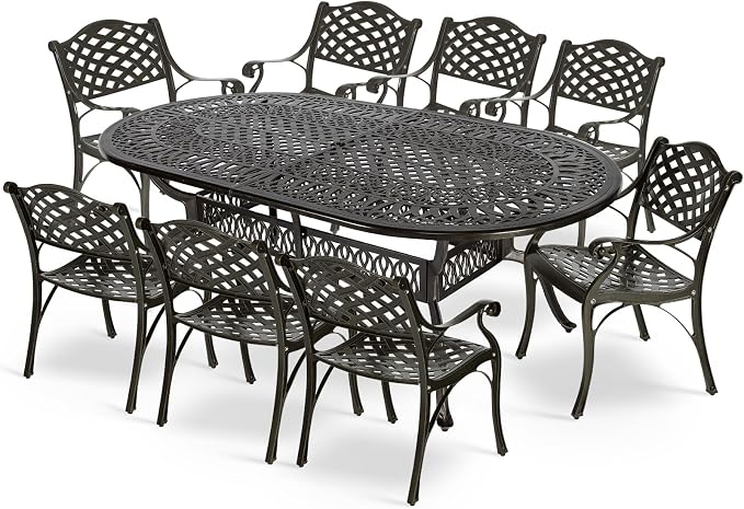 MEETWARM 9-Piece Outdoor Patio Dining Set, 8 Outdoor Dining Chairs and 1 Oval Table with 2" Umbrella Hole, All Weather Cast Aluminum Patio Funiture Set for Backyard, Garden, Patio