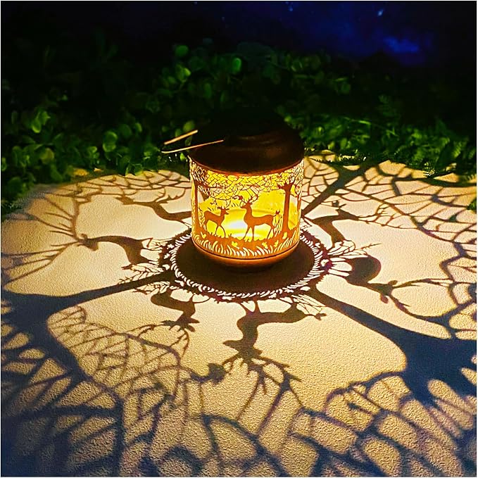 2 Pack Deer Solar Lanterns Outdoor Waterproof Hanging Solar Lights Deer Gifts for Women Men Metal Decorative LED Lanterns for Yard, Patio, Lawn, Tabletop, Pathway, Landscape, Garden Decor