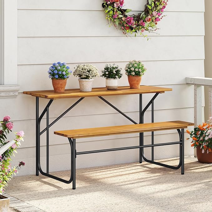 HAPPYGRILL Picnic Table Bench Set for 4, Acacia Wood Dining Table and Bench Set with Heavy Duty Metal Frame, for Patio, Porch, Garden and Backyard