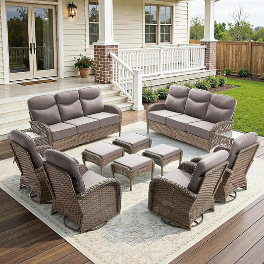 12-Piece Luxury Patio Furniture Set with 6-inch Thick Cushion,Outdoor Wicker Sofa Couch Set of 2 & Swivel Rocker Chairs, Conversation Set for Poolside, Deck & Yard - Gray