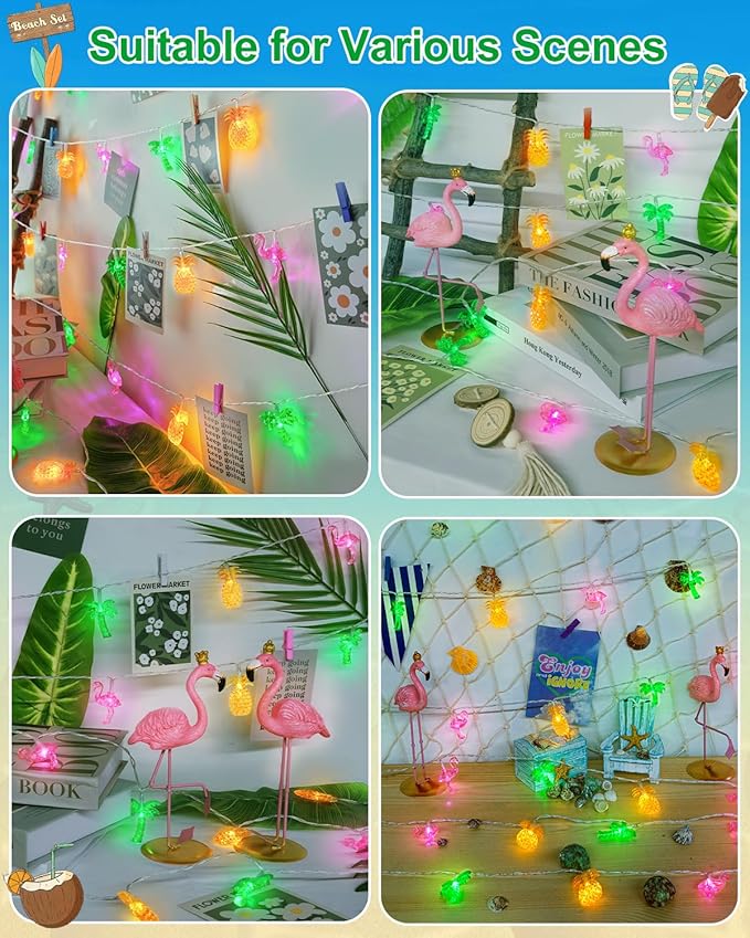 50 LED 25ft Summer Hawaiian Beach Battery String Lights Outdoor with Remote | Flamingo Pineapple Palm Tree Fairy Twinkle Lights Battery Operated with 8 Modes & Timer for Tropical Beach Party Pool Decor