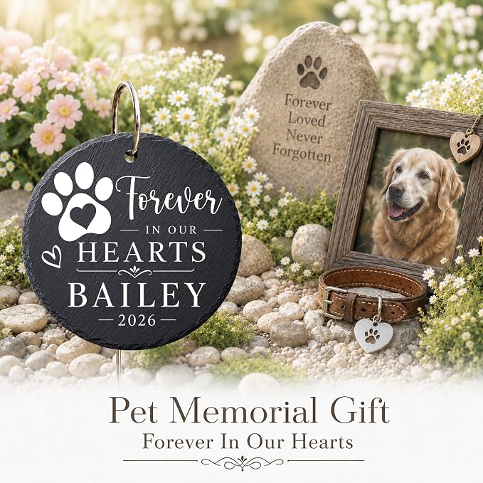 Personalized Pet Memorial Stone, Forever in Our Hearts Dog Cat Memorial Garden Stone, Passing Away Sympathy Gift for Loss of Dog, Waterproof Natural Slate Remembrance for Indoor Outdoor