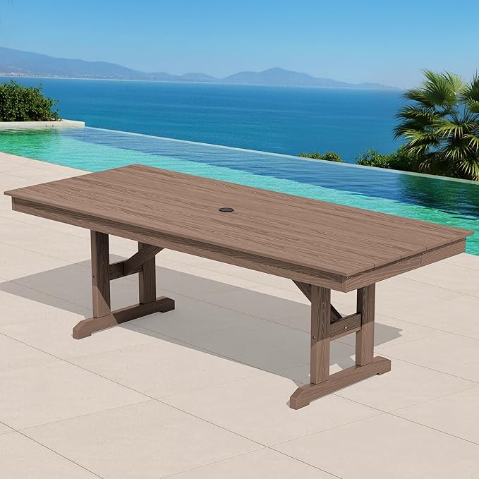 SERWALL Outdoor Dining Table, 84" Rectangular Dining Table for 6-8 Person, All Weather HDPE Patio Dining Table with Umbrella Hole for Backyard, Garden, Brown