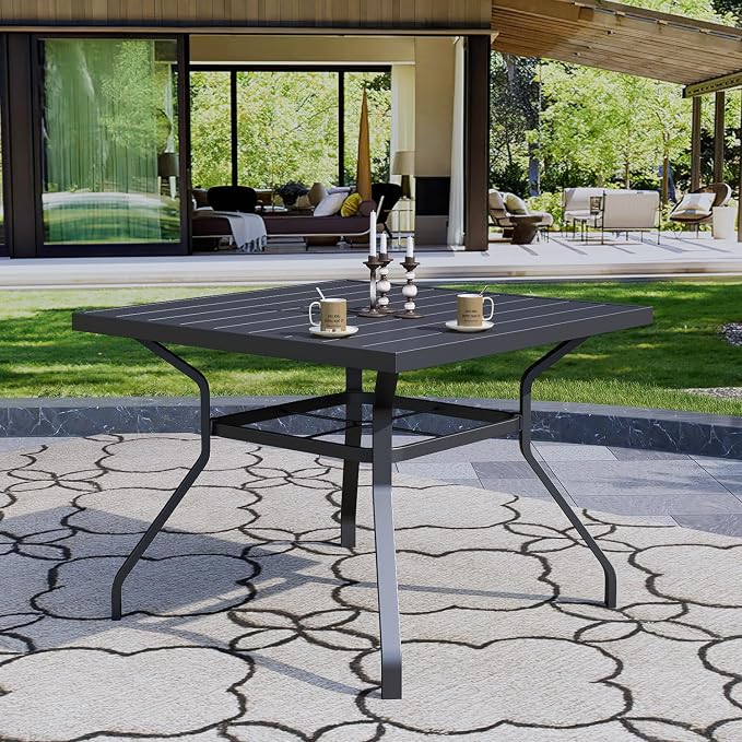 Outdoor Dining Set of 5, 35" Square Table and NavyBlue Swivel Chairs Style1 | High Back, Retro Armrest, Textilene Fabric, All Weather, Rocking, Swivel Chairs, 35'' Square Table, Metal Top and Frame