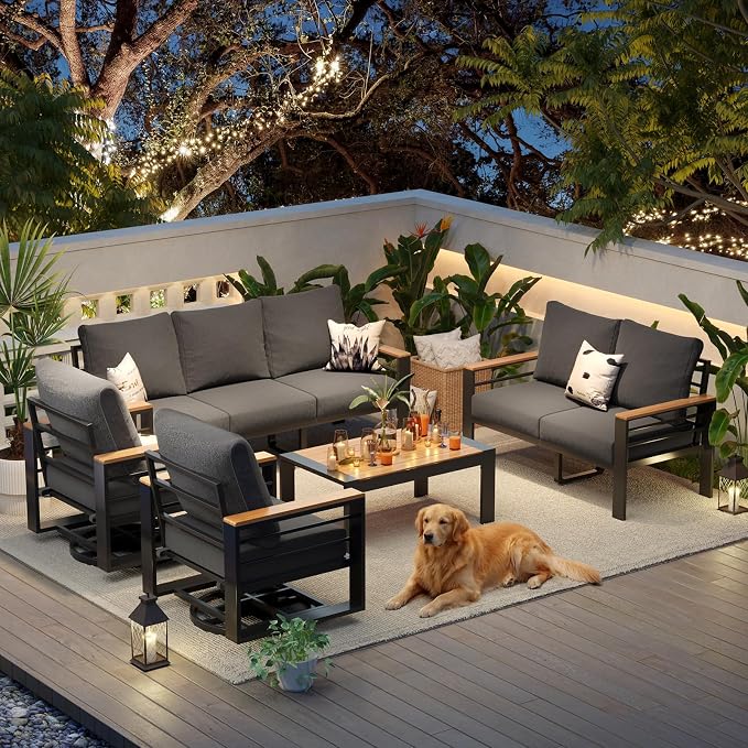 Aoxun Aluminum Patio Furniture Set 7 Seats with Rocking Chair, Oversized Outdoor Sectional with Washable Thick Cushions, Coffee Table, Patio Conversation Sets for Porch, Balcony, Deck,Dark Gray