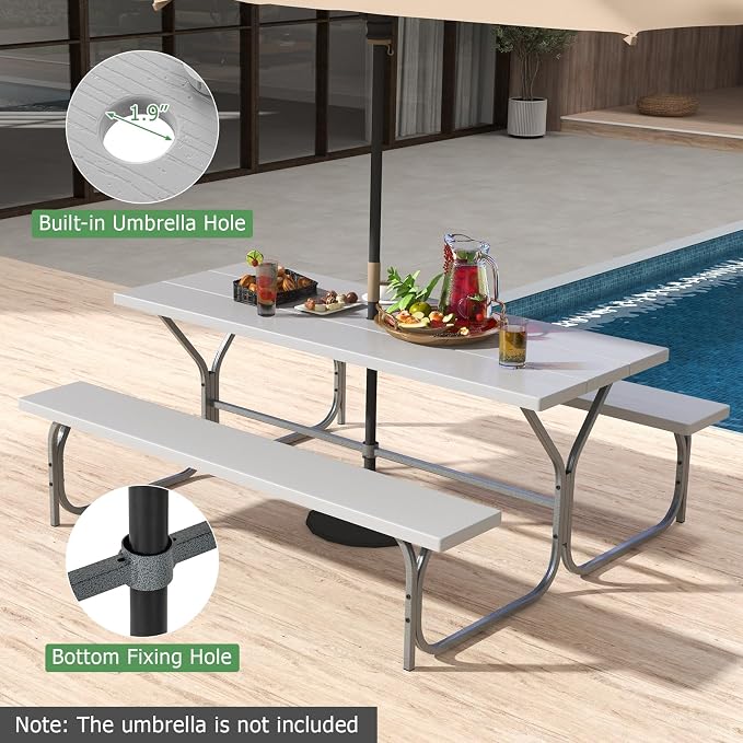 Tangkula 6 Ft Picnic Table with 2 Built-in Benches, Umbrella Hole, Metal Frame & HDPE Tabletop, 8-Person Large Table and Bench Set for Garden, Backyard, Patio (Grey)