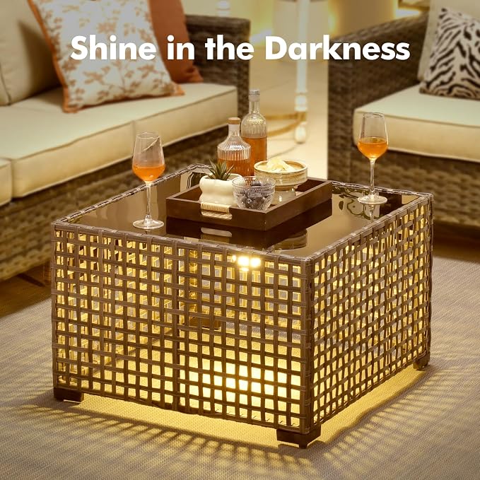 6-Piece Outdoor Patio Furniture Set with Glowing Coffee Table,All Weather Wicker Rattan Patio Seating Sofa and Chair Set with Ottomans,Outdoor Conversation Sets for Porch Deck Yard,Beige