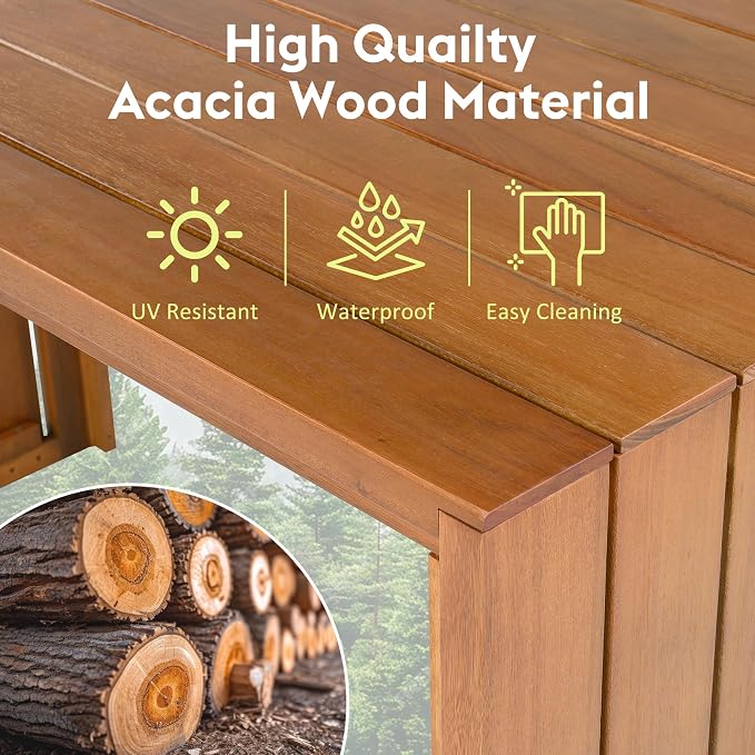 VilroCaz 5-Pieces Outdoor Patio Counter Height Dining Set, All-Weather Acacia Wood Bar Set with 4 Stools and Cushions for Backyard, Poolside, Balcony