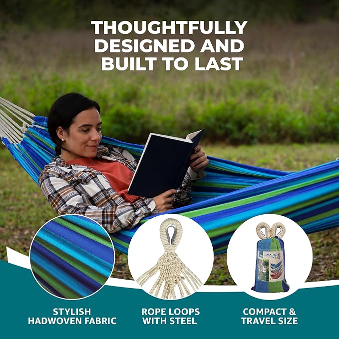 Bliss Hammocks 40" W Single Outdoor Hammock with Universal Multi-Loop Suspension with "S" Hooks, Durable, Cotton/Polyester, 220 Lbs Capacity, Seabreeze