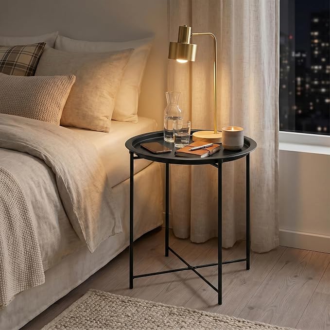 VECELO Side/End Table, Folding Round Metal Anti-Rust and Waterproof Outdoor or Indoor Tray for Living Room Bedroom Balcony and Office, 2 PCS, Black