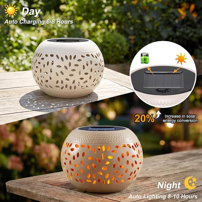 Solar Table Lights Outdoor Waterproof Dancing Flickering Flame Solar Lantern | Solar Lantern Decorative Metal Desktop Lamp for Gifts for Women Outside Garden Yard Patio & Indoor Tabletop Decor