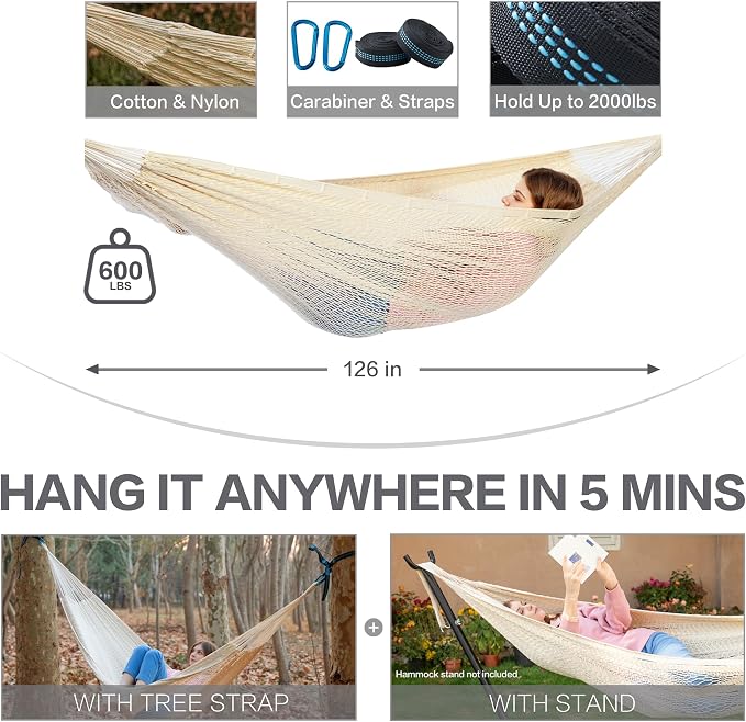 PNAEUT Handwoven Mayan Hammocks, Double Rope Hammock for Outdoor Outside & Indoor, Thick Soft 600 lbs Capacity Heavy-Duty, Includes Tree Straps, Carabiners & Carrying Bag (Nature, X-Large)