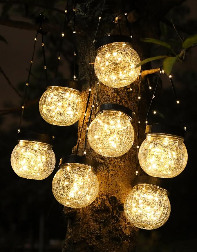 Solar Lanterns Solar Lights Outdoor Waterproof 18-Pack, Solar Powered Hanging Lights Cracked Glass Hanging Globes for Christmas Decoration, Shepherd Hook, Garden Tree Ornaments
