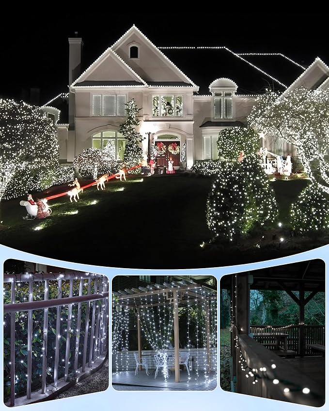 Brightown Solar Outdoor String Lights - 46 FT 120 LED Solar String Lights for Outside with 8 Lighting Modes, IP65 Waterproof Solar Outdoor Lights, Suitable for Tree Party Decor, Pure White