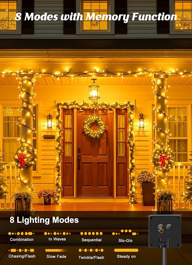 Brightown 2 Pack Solar String Lights Outdoor Waterproof, 80 FT 200 LED | Solar Powered Christmas Lights with 8 Modes, Auto On/Off, Patio Lights for Outside Tree Garden Party Decor (Warm White)