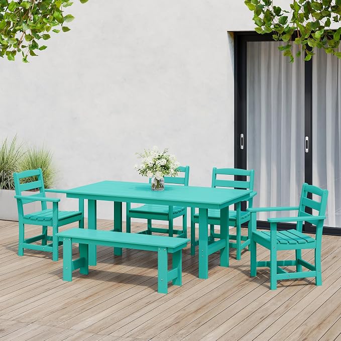 WestinTrends Ashore 6-Piece Outdoor HDPE Patio Dining Table Set with Bench, Turquoise