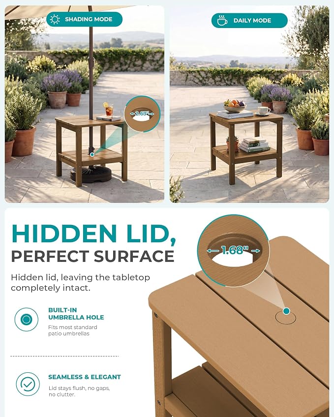 SERWALL Double Layer Adirondack Side Table with Umbrella Hole, HIPS Outdoor Side Table Rectangular End Tables for Patio, Poolside, Garden, Brown