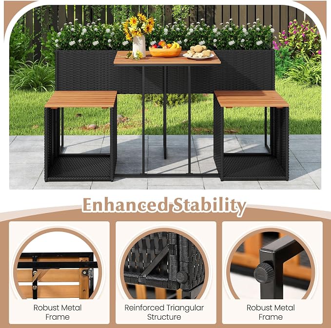 HAPPYGRILL Patio Furniture Set with Raised Garden Bed, Rattan Table Chairs Set with Storage, Acacia Wood Outdoor Seating and Flower Box Set for Backyard, Porch, Deck