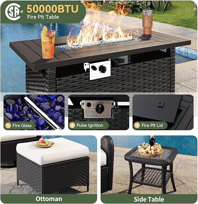Aoxun 7-Piece Patio Furniture Set with 44” Fire Pit Table, Wicker Rattan Outdoor Sectional Sofa with High Back Swivel Rocker Chairs, Outdoor Patio Furniture Set with Thick Cushions & Ottoman, Beige