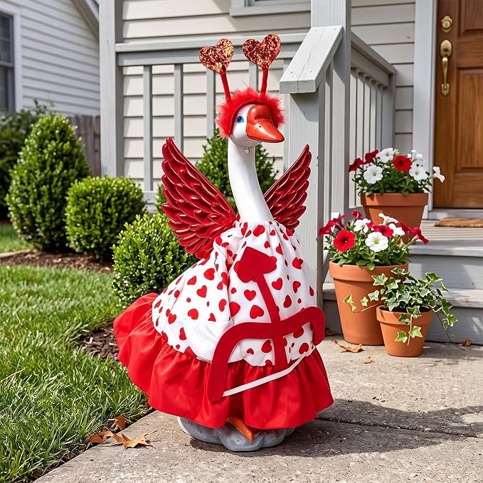 Porch Goose Outfit Heart Dress Geese Costume for Outdoor Lawn Decor | Stable Weighted Base,Heart-Patterned Dress With Red Wings and Cupid'S Bow, Realistic Goose Sculpture for Garden,Yard