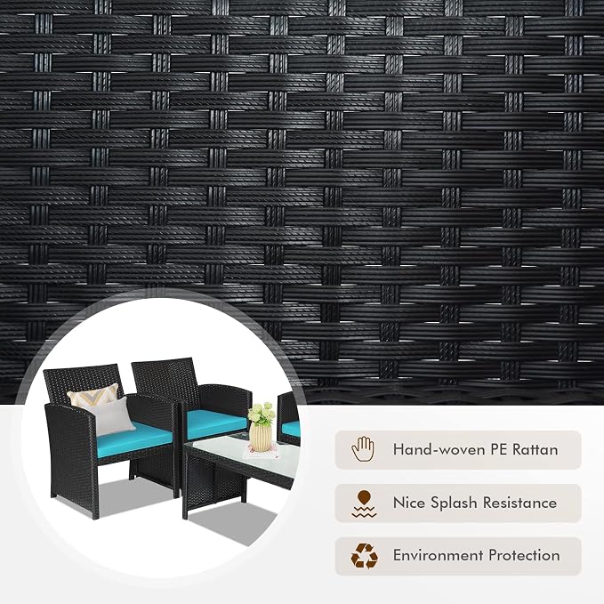DORTALA 4 Pieces Patio Wicker Conversation Furniture Set, Outdoor Rattan Sofas with Bistro Sets with Coffee Table for Courtyard Balcony Wicker Chairs with Soft Cushion and Table, Turquoise