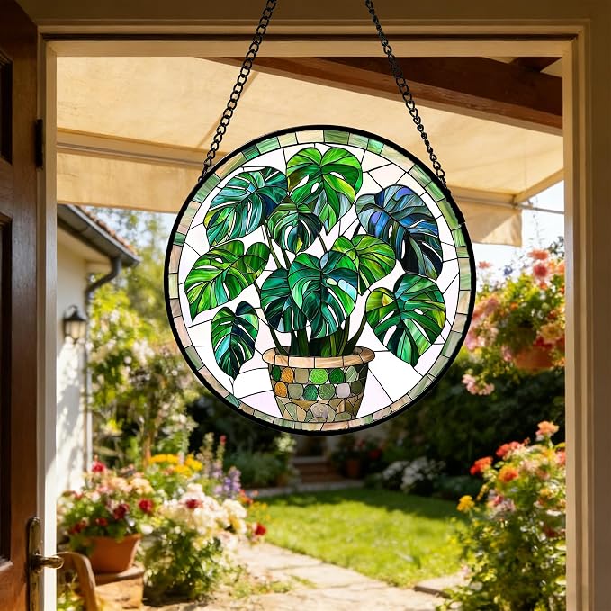 DASTOLL Stained Glass Window Hanging, Green Plant Monstera t Suncatcher Diamond Colorful Glass Panel Sun Catchers Decor for Birthday for Women, Men, Wife, Aunt, and Mom 11.8x11.8 in