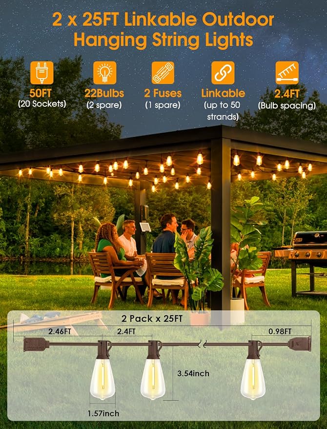 50FT(2x25FT) Outdoor String Lights, Patio Lights with 20+2 LED Dimmable Waterproof ST38 Vintage Shatterproof Bulb for Bistro Cafe Fence, Brown