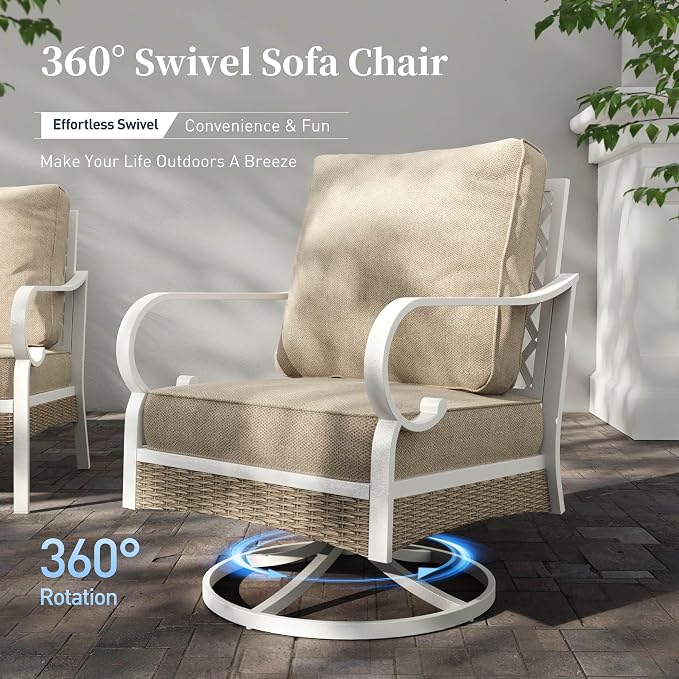 SUNSHINE VALLEY 6 Piece Metal Outdoor Patio Furniture Set, Patio Conversations Set 3-Seater Sofa, 2-Seater Sofa, 2 Swivel Chair with 5.75" Thick Cushion & Coffee Table White Backyard Furniture, Beige