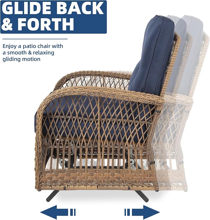 7-Piece Wicker Patio Furniture Sets Outdoor All-Weather Rattan Conversation Set Includes Glider Loveseat, 2 Glass-Top Coffee Tables, 2 Swivel-Gliders Chairs for Porch Backyard, Navy Blue