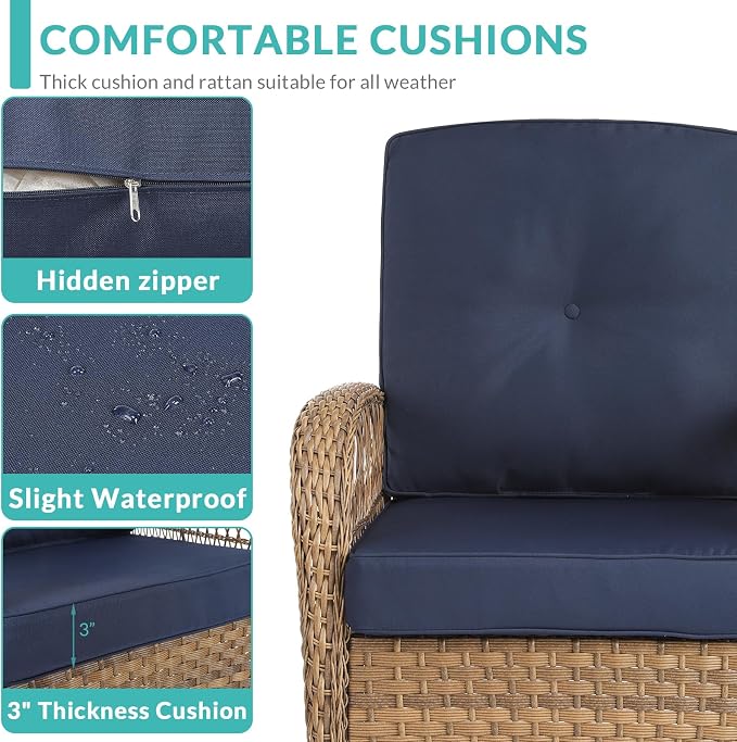 MEETWARM 3 Pieces Outdoor Wicker Swivel Rocker Patio Set, Rocking Chairs Rattan Patio Furniture Sets with Thickened Cushion and Glass-Top Coffee Table, Conversation Bistro Set for Porch (Navy Blue)