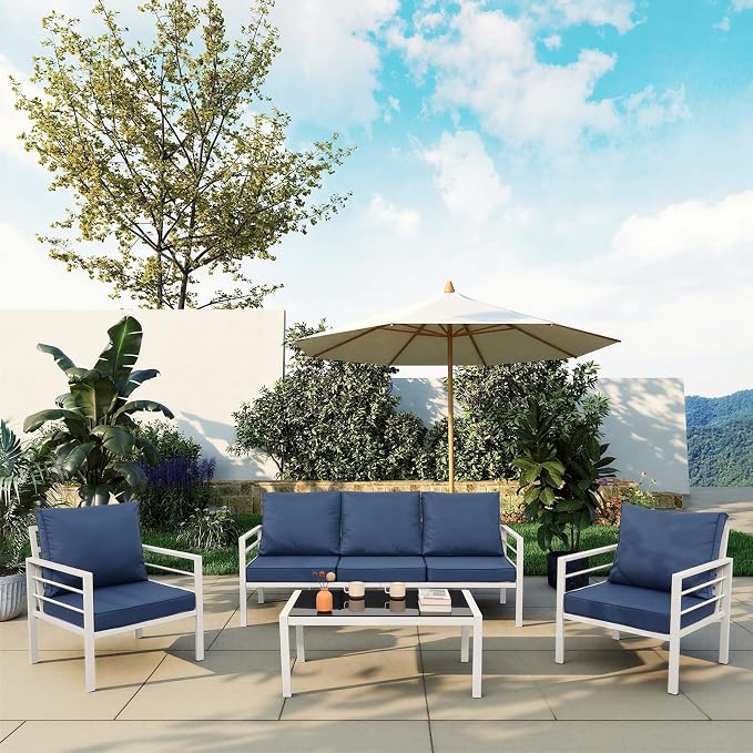 Rattaner Aluminum Outdoor Patio Furniture Set 4 Pieces Outdoor Furniture White Frame Patio Couch Set Outdoor Chairs Glass Coffee Table with No-Slip Cushions and Waterproof Covers, Navy Blue