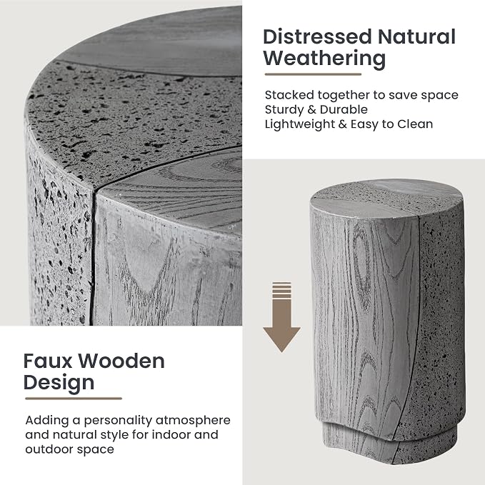HOMPUS Outdoor Side Table Set of 2, Concrete Nesting Table Round w Spotted & Faux Wooden Modern MgO End Table, Lightweight Functional Patio Accent Table for Garden, Deck, Poolside, Grey