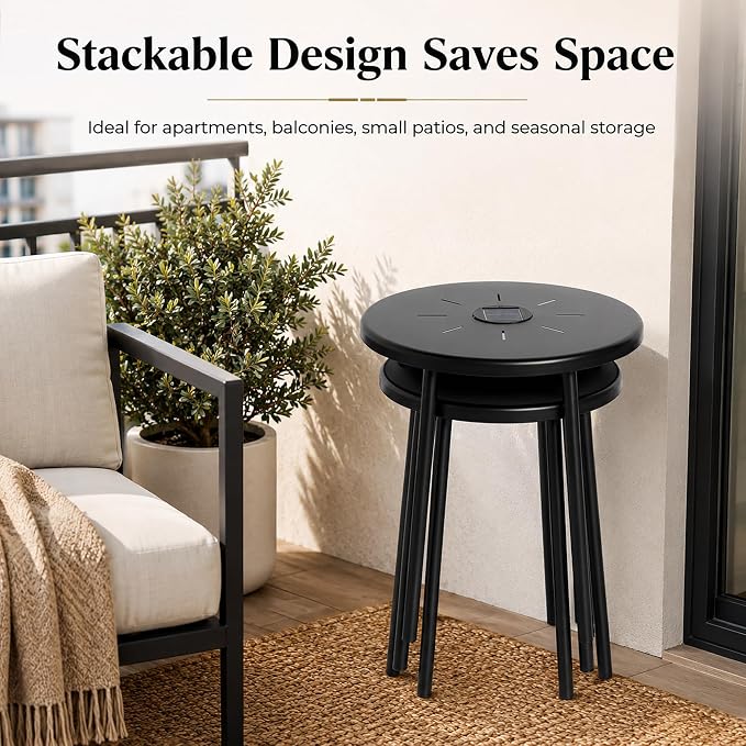 Solar Outdoor Side Table Set of 2 with Warm LED Light, Round Metal Patio End Tables, IP44 Water-Resistant Stackable Accent Tables for Balcony Porch Garden Poolside, Black
