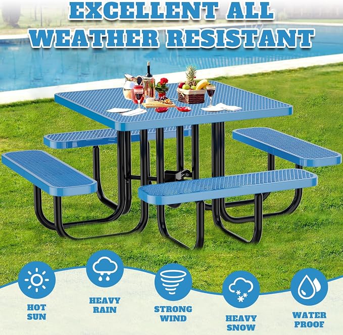 Heavy Duty Picnic Table with Umbrella Hole, Expanded Meta Outdoor Metal Patio Dining Table & Outdoor Bench Set, Steel Mesh Dining Furniture for Garden, Lawn, Patio (47 INCH Blue Square Table)