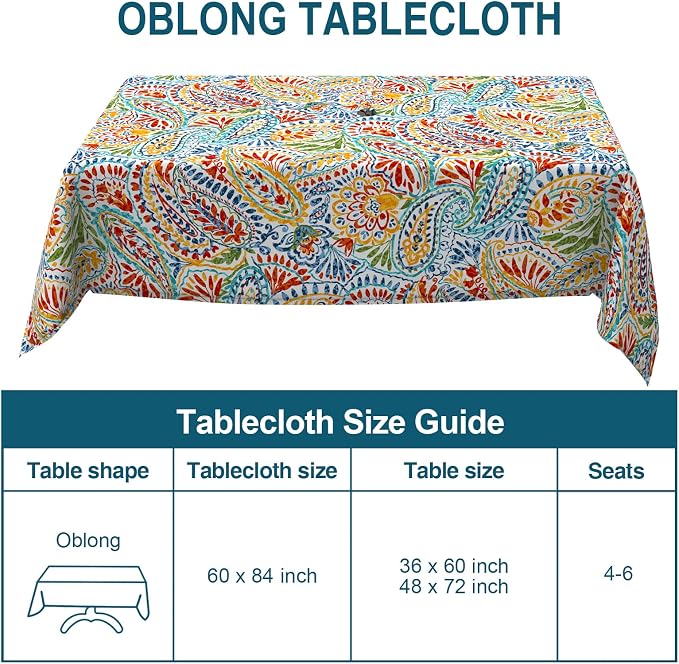 DYTXIII Outdoor Rectangle Tablecloth with Umbrella Hole and Zipper 84" x 60", Water Repellent Floral Picnic Cover, Fade & Wrinkle Resistant Tablecloth for Patio/Garden/Party Table, Paisley Multi