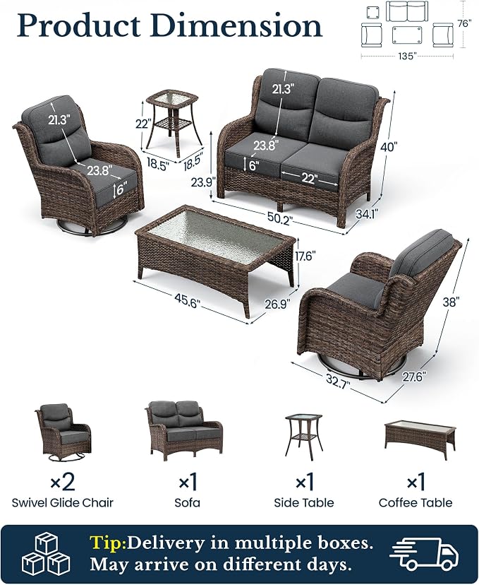 HILLGA Luxury Outdoor Patio Furniture Set with 6-Inch Thick Cushions, High Back Wicker Swivel Rocker Chairs, 5 Pcs All Weather Conversation Set for Large Deck, Yard and Poolside, Gray (V3)