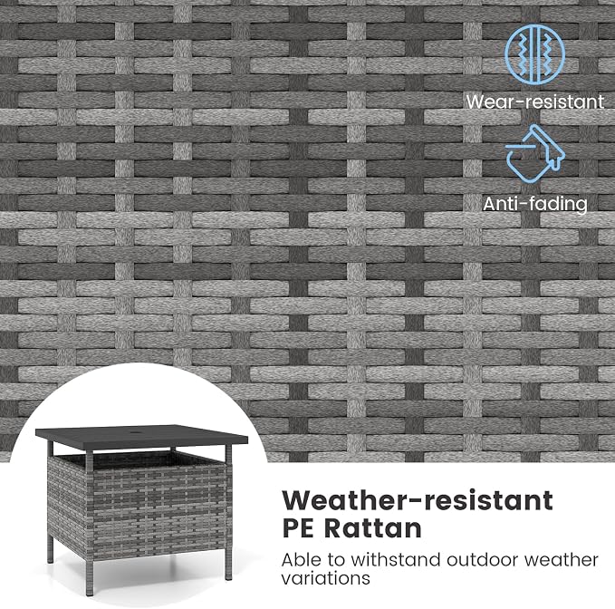 LDAILY Patio Table Umbrella, Outdoor Table with Umbrella Hole, Rattan Patio Side Table with Steel Umbrella Hole, HDPE Desktop & Metal Frame for Deck Garden Poolside Backyard Balcony (Mix Gray)