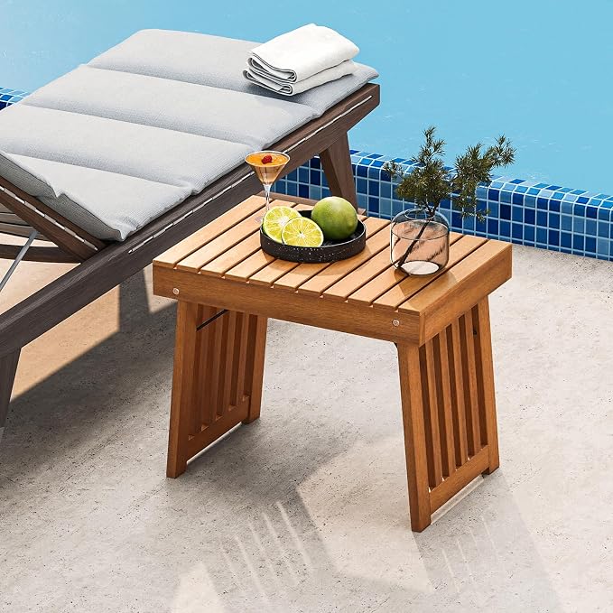 HAPPYGRILL Outdoor Folding Side Table Set of 2, Foldable Patio Acacia Wood End Table with Slatted Tabletop & Leg Frame, Small Outside Table for Backyard Poolside Porch (Teak Finish)